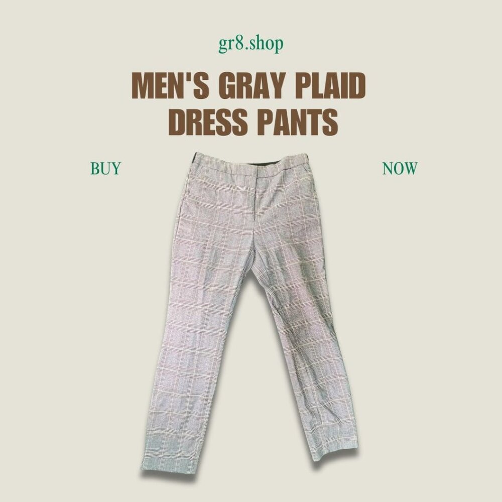 Mens Gray Plaid Dress Pants With Slim Fit Design For Formal Or Business Casual W